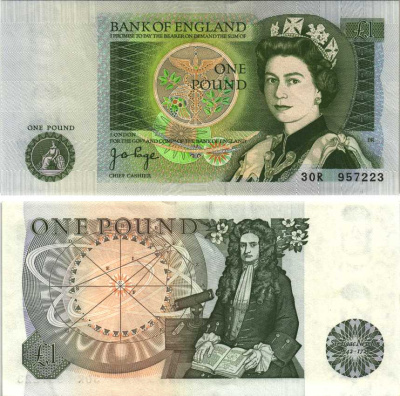 Англия 1 фунт ND (1978-1984) сэр Исаак Ньютон, зеленая подпись J.B. Page Pick 377 а  бумага   7203-1-3-2