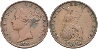 Великобритания 1/2 пенни 1857 Виктория (1837-1901) KM 726, Spink 3949 медь  1518-1345