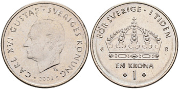 Швеция 1 крона 2002 Карл XVI Густав (1973- ) KM 894 медно-никель 4561-1054