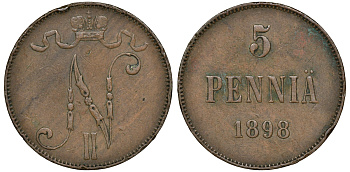 Россия для Финляндии 5 пенни 1898 Николай II (1894-1917) KM 15, Биткин 443 медь 51-546