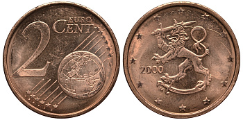 ФИНЛЯНДИЯ 2 ЕВРОЦЕНТА 2000 KM 99 сталь плакированная медью UNC 4181-443