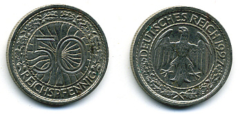 Германия 50 рейхспфеннигов 1927 A KM 49, J. 324 никель 58-164