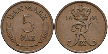 Дания 5 эре 1966 C; S, Фредерик IX (1947-1972) KM 848 бронза 4525-423