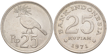Индонезия 25 рупий 1971 венценосный голубь KM 34 медно-никель 100-218