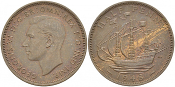 Великобритания 1/2 пенни 1948 Георг VI (1936-1952) KM 844, Spink 4115 бронза 71-1411