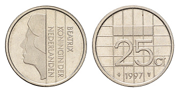 Нидерланды 25 центов 1997 Беатрикс (1980-2013) KM 204 никель aUNC 192-1244