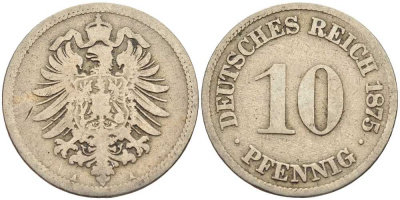 ГЕРМАНИЯ 10 ПФЕННИГОВ 1875 A, СТАРОГЕРБОВКА KM 4, J. 4 медно-никель 4401-246