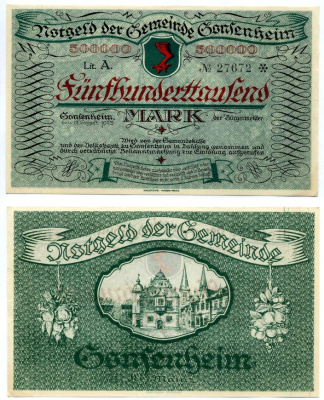 ГОНЗЕНХАЙМ 500000 марок 1923 17 августа 1923, нотгельд, земля ГЕССЕН, буква А Keller 1850 бумага 2193-27-3-1