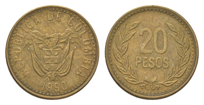 Колумбия 20 песо 1990 KM 282 алюминиевая бронза 4627-826