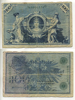 ГЕРМАНИЯ 100 МАРОК 1908 7 ФЕВРАЛЯ 1908, ЗЕЛЕНАЯ ПЕЧАТЬ, РЕПРИНТ (1918-1922) Pick 34 бумага 6299-31-3-2