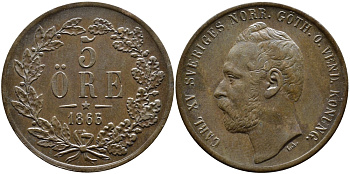Швеция 5 эре 1866/5 Карл XV (1859-1872) KM 707 бронза 4389-924