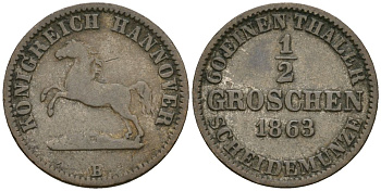 Ганновер 1/2 гроша 1863 B, Георг V (1851-1866) KM 235, AKS 151, Jaeger 92 серебро 413-3912