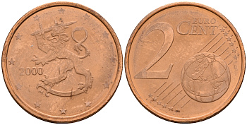Финляндия 2 евроцента 2000  KM 99 сталь плакированная медью  UNC  4564-357