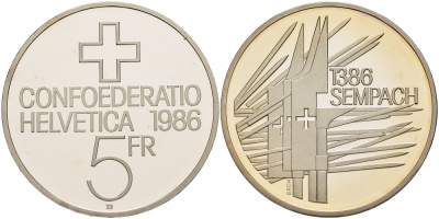 Швейцария 5 франков 1986 B, 600 лет битве при Земпахе KM 65 медно-никель PROOF 1087-3-42