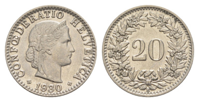 Швейцария 20 раппенов 1930 B KM 29 никель 4625-932