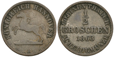 Ганновер 1/2 гроша 1863 B, Георг V (1851-1866) KM 235, AKS 151, Jaeger 92 серебро 413-3912