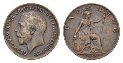 Великобритания 1 фартинг 1916 Георг V (1910-1936) KM 808.1, Spink 4059 бронза 4697-844