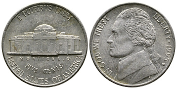 США 5 ЦЕНТОВ 1995 D, ДЖЕФЕРСОН KM А192 медно-никель 37-824