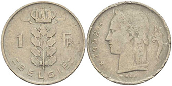 Бельгия 1 франк 1952 Belgie, Бодуэн I (1951-1993) KM 143.1 медно-никель 259-426