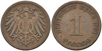 Германия 1 пфенниг 1901 A KM 10, J. 10 медь 4567-1152