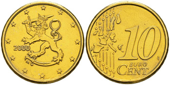 Финляндия 10 евроцентов 2000 KM 101 латунь 68-1135