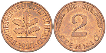 ФРГ 2 ПФЕННИГА 1980 G KM 106а, J. 381а сталь плакированная сталь плакированная медьюю 4181-839