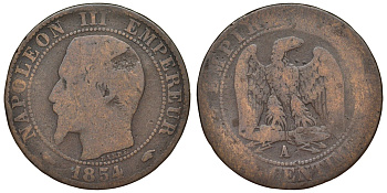 Франция 5 сантимов 1854 А, Наполеон III (1852-1870) KM 777.1, Le Franc 116.8 бронза 4121-1254