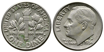 США 10 ЦЕНТОВ = 1 ДАЙМ 1984 D, РУЗВЕЛЬТ KM 195а медь плакированная медно-никелем 57-1223