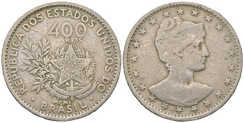 Бразилия 400 реалов 1901 MCMI, голова свободы вправо KM 505 медно-никель 4612-435