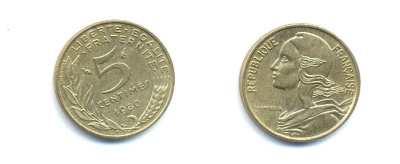 ФРАНЦИЯ 5 САНТИМОВ 1980 ТИП MARIANNE KM 933 медь алюминий никель 4379-562