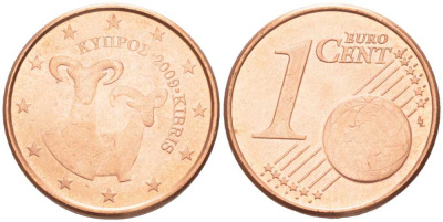 КИПР 1 ЕВРОЦЕНТ 2009 ДВА МУФЛОНА KM 78 сталь плакированная медью UNC 105-321