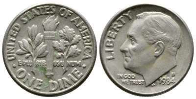 США 10 ЦЕНТОВ = 1 ДАЙМ 1984 D, РУЗВЕЛЬТ KM 195а медь плакированная медно-никелем 57-1223