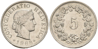 Швейцария 5 раппенов 1968 B KM 26 медно-никель 4608-457