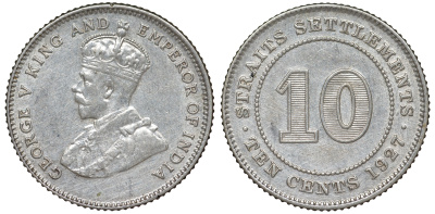 Стрейтс-Сетлментс 10 центов 1927 Георг V (1910-1936) КМ 29b серебро 53-717