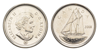 Канада 10 центов 2008 Leaf, Елизавета II (1952-2022), парусник KM 492 сталь плакированная никелем UNC 4636-647