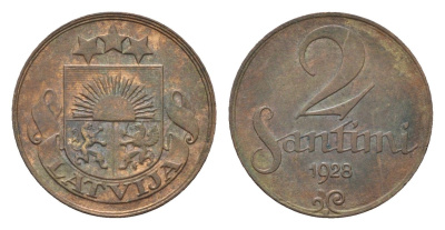 Латвия 2 сантима 1928 KM 2 бронза 4689-924
