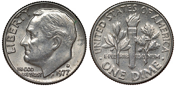 США 10 центов = дайм 1977 D, Рузвельт KM 195а медь плакированная медно-никелем 4124-448