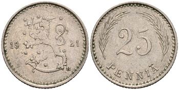 ФИНЛЯНДИЯ 25 ПЕННИ 1921 H KM 25 медно-никель 192-1151
