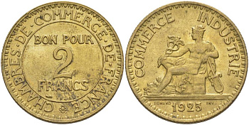 ФРАНЦИЯ 2 ФРАНКА 1925 ТИП CHAMBRES DE COMMERCE KM 877, LE FRANC 267.7 алюминиевая бронза 69-1226