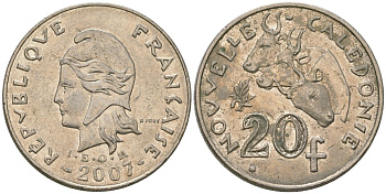 Французская Новая Каледония 20 франков 2007 три быка, (IEOM) KM 12a, Schoen 14a медно-никель 4131-836