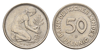 ФРГ 50 пфеннигов 1949 D KM 104, J. 379 медно-никель 4618-1262