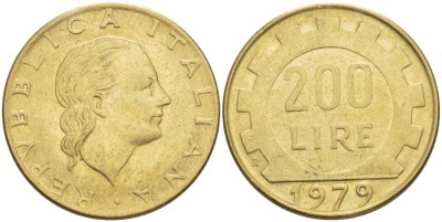 Италия 200 лир 1979 R, шестерня KM 105 алюминиевая бронза 4551-454