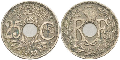 ФРАНЦИЯ 25 САНТИМОВ 1922 ТИП ЛИНДАЙЁ KM 867а, LE FRANC 171.6 медно-никель 175-325