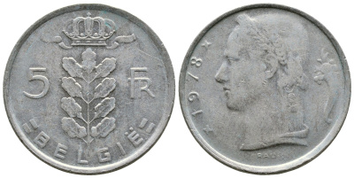 БЕЛЬГИЯ 5 ФРАНКОВ 1978 BELGIE KM 135.1 медно-никель 89-455