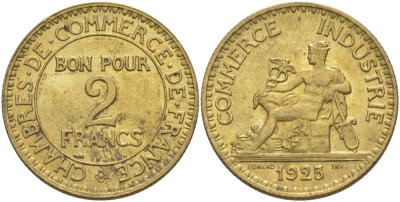 ФРАНЦИЯ 2 ФРАНКА 1925 ТИП CHAMBRES DE COMMERCE KM 877, LE FRANC 267.7 алюминиевая бронза 69-1226