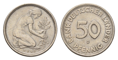 ФРГ 50 пфеннигов 1949 D KM 104, J. 379 медно-никель 4618-1262