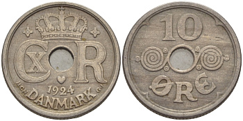ДАНИЯ 10 ЭРЕ 1924 HCN ; GJ, КРИСТИАН X (1912-1947) KM 822.1 медно-никель 100-254