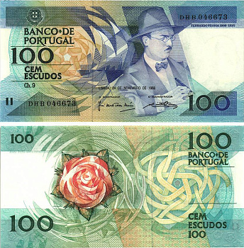 ПОРТУГАЛИЯ 100 ЭСКУДО 1988 ФЕРНАНДО ПЕССОА, 24 НОЯБРЯ 1988 Pick 179f бумага UNC (ПРЕСС) 8606-32-3-1