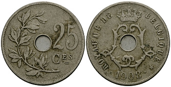 Бельгия 25 сантимов 1908 Belgique KM 62 медно-никель 4168-1141