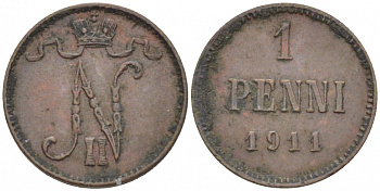 Россия для Финляндии 1 пенни 1911 Николай II (1894-1917) KM 13, Биткин 471 медь 4396-1345